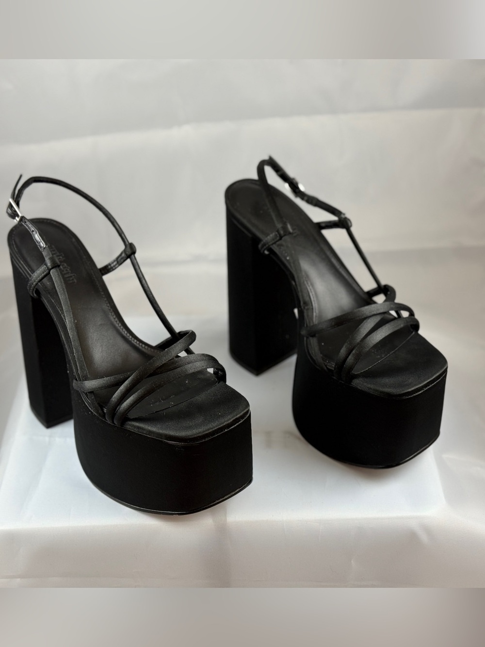 Cult Gaia Black Satin Platform Sandals - Strappy T-Strap Chunky Heel